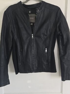 Maurices Black Faux Leather Moto Jacket with Knit Side Panels
